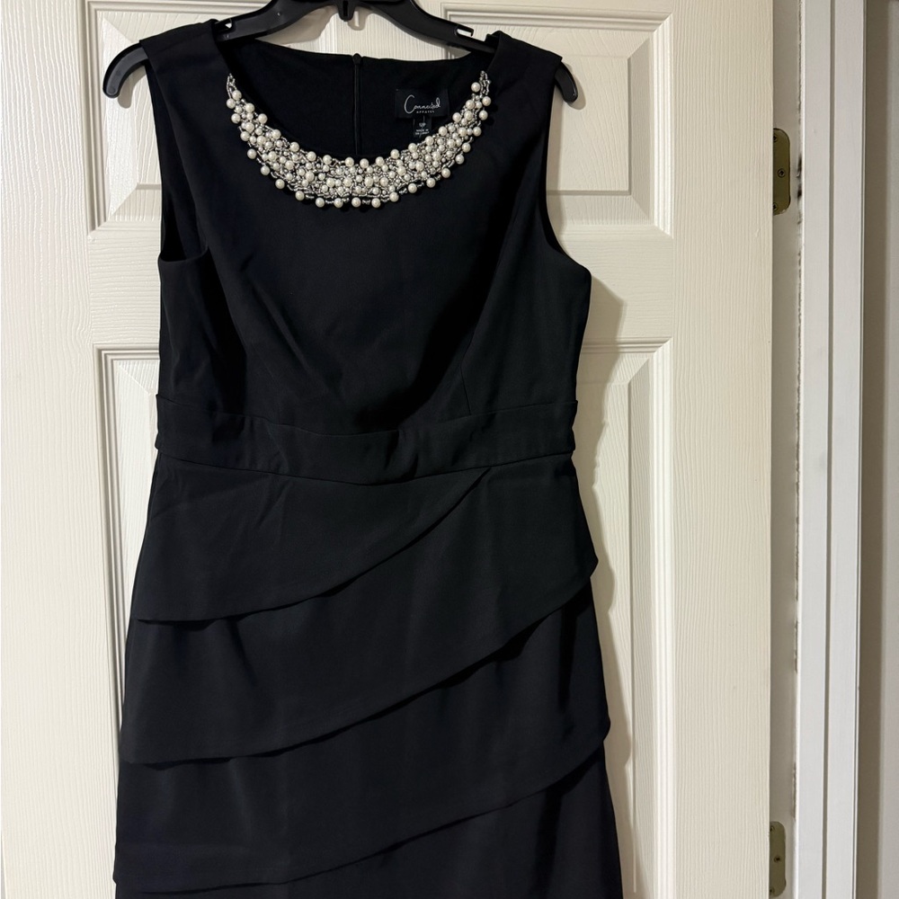 Connected Apparel Black Dress with Pearl Embellishment